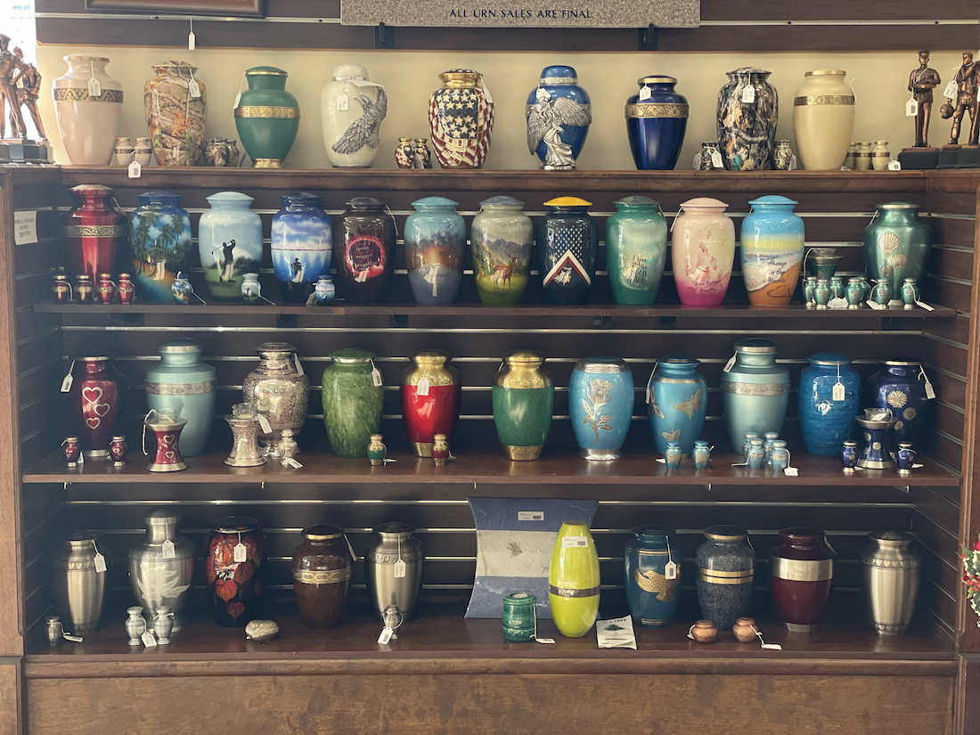 A display of memorial urns in the Cleveland showroom